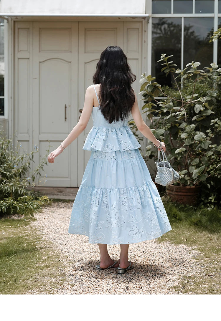 MISHOW Woman 2 Pieces Set 2025 Summer Ladies Fashion Strap V-neck Top Embroidery Flower Hollow Out Drawstring Skirt MXE34T0624