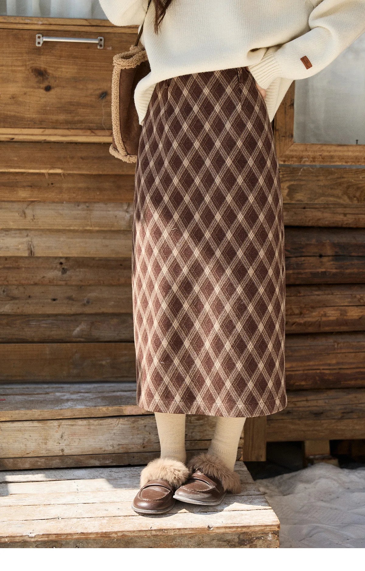 MISHOW Women's Brown Plaid Wool Blend Skirt 2025 Winter High Waist Slim A-Line Back Hem Split Back Elastic Midi Skirt MXE94B2461