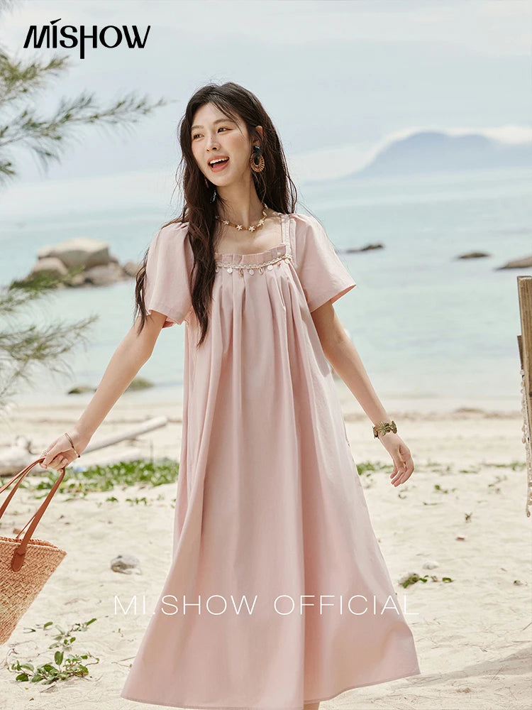 MISHOW Bohemian Pink Women‘s Summer Dresses Women 2025 Short Sleeve Square Collar with Belt Dress Lady New Fashion MXE33L2158