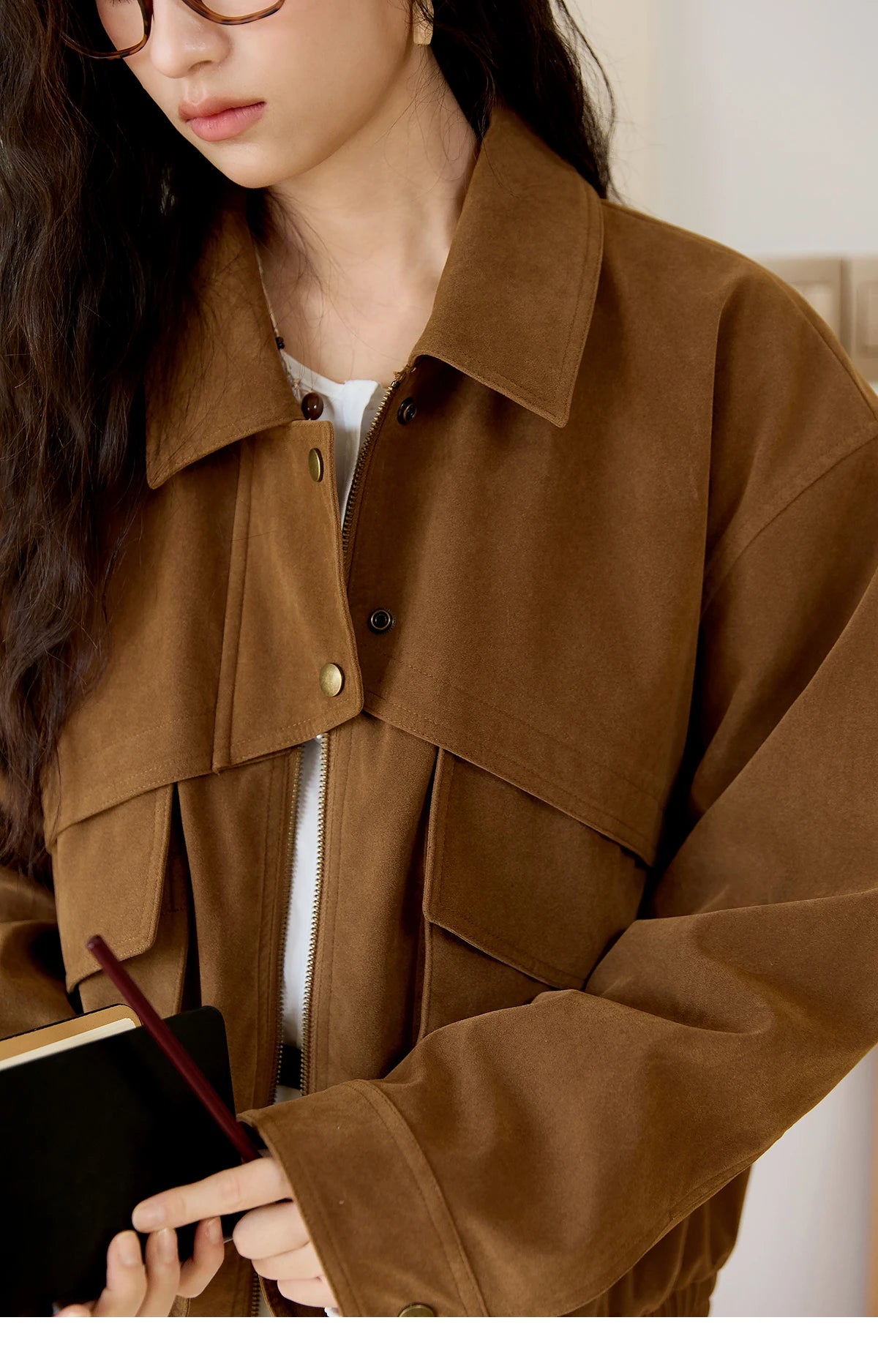 MISHOW Suede Retro Brown Jacket for Women Autumn Winter 2025 Pocket Zipper Loose Coats Lapel Wide-waisted Casual Coat MXE46W0866