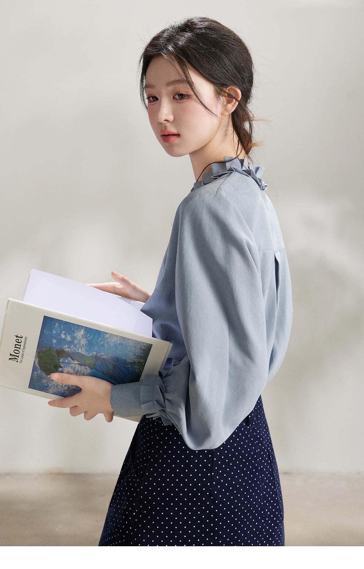 MISHOW Women's Peach Skin Solid Shirt 2026 Spring Ruffled Crew Neck Single-breasted Tops Casual Long Sleeve Shirts MXF11C2431