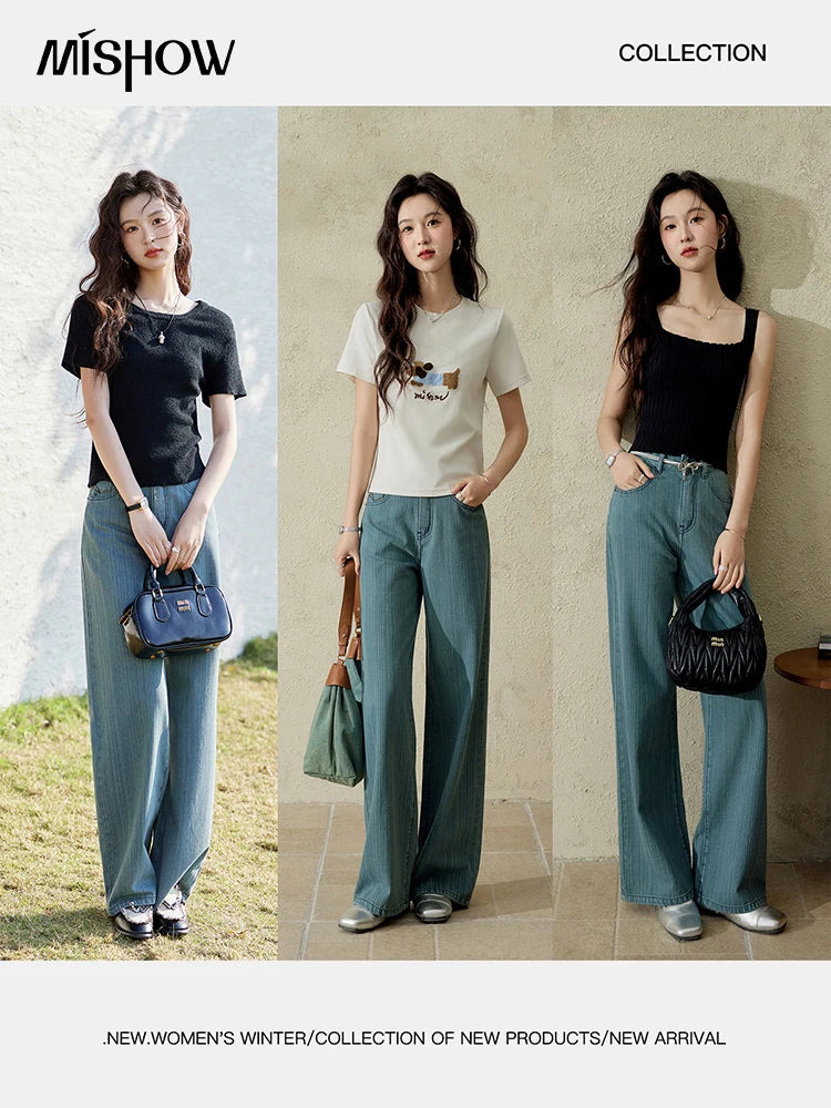 MISHOW Versatile Denim Straight Leg Pants for Women Spring 2025 Embroidery Pockets Commuting Loose Denim Trousers MXE14K0870
