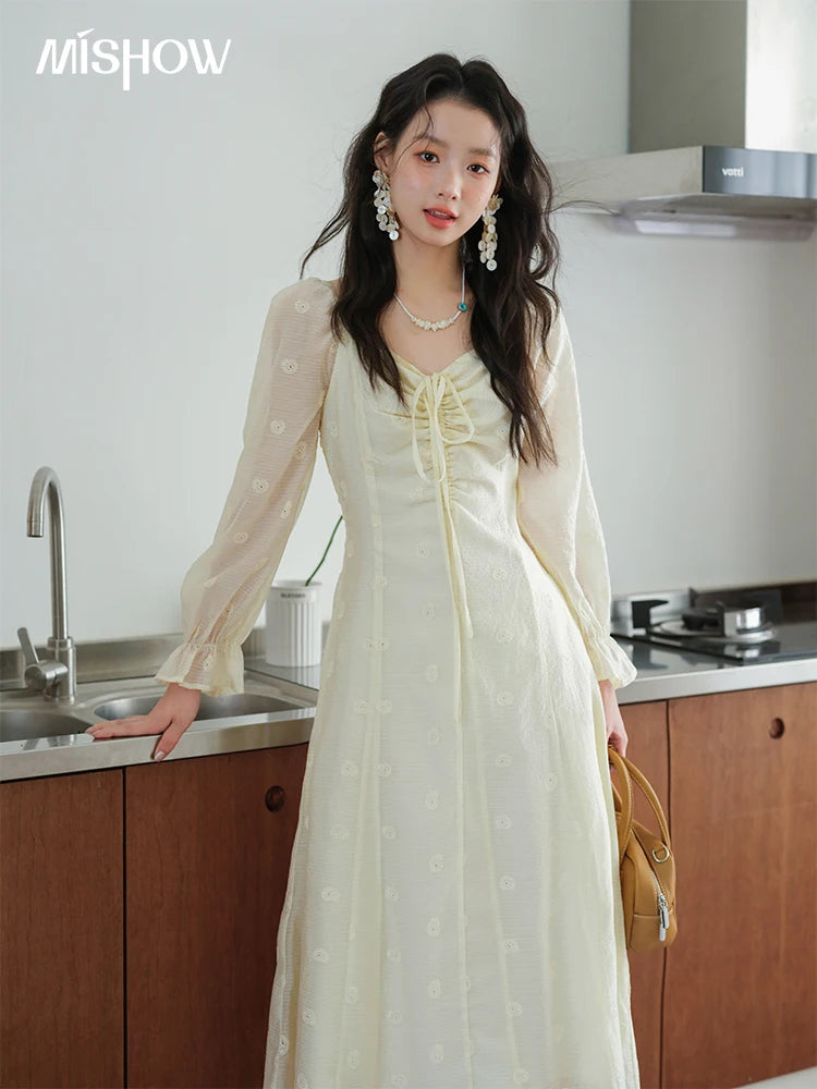 MISHOW Women's Cashew Flower Embroidered Dress 2025 Autumn V-neck Drawstring Long Sleeves Ladies Elegant Slim Dresses MXE41L2387