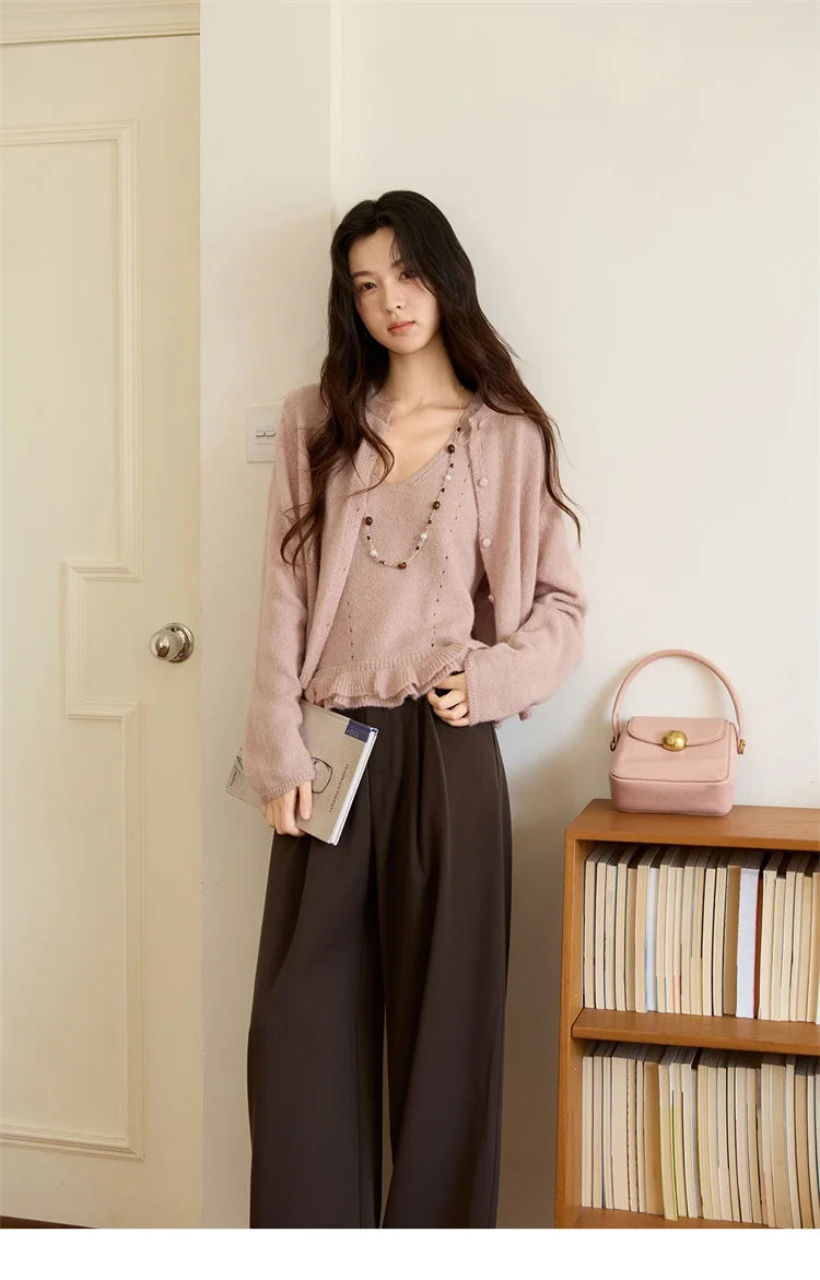 MISHOW Knit Cardigan for Women 2025 Autumn Elegant Pink Crew Neck Cardigan Loose Suspenders Two-piece Suit for Women MXE48T1404