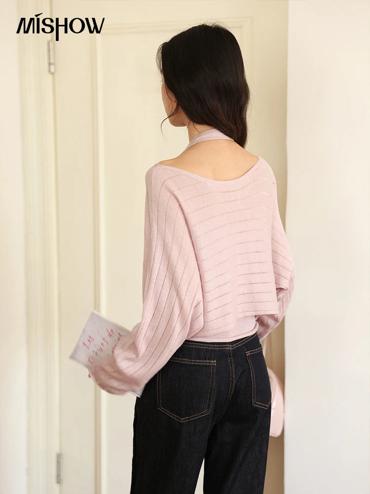 MISHOW Striped Short Hanging Neck Top Two-piece Set 2025 Autumn Wool Blend Knitted Sweater Casual Fashion Top Sets MXE46T1399