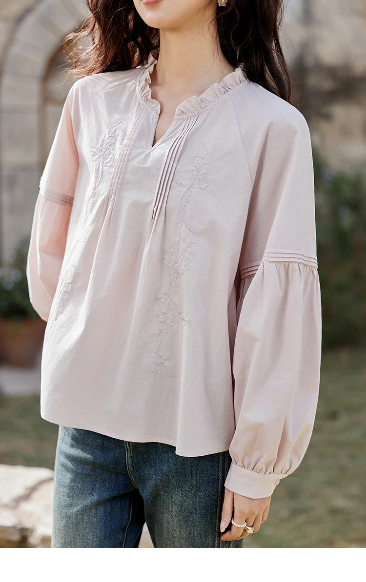 MISHOW Pink Cotton Ruffled Blouse Loose Long Sleeve MXE13X1699