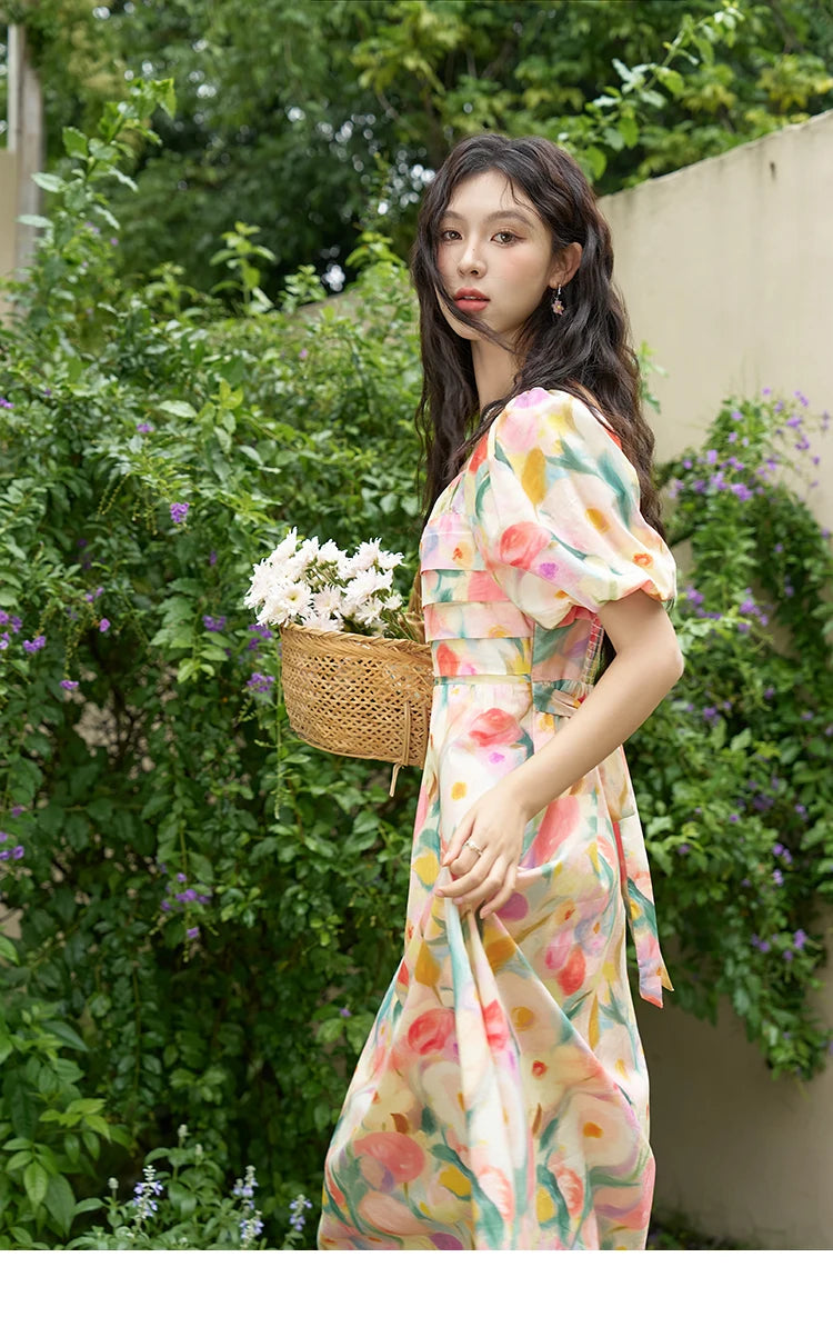 MISHOW French Tulip Fragmented Flower Dresses for Women 2024 Summer Beach Vacation Puff Sleeve Sweet Elegant Dresses MXD28L1896
