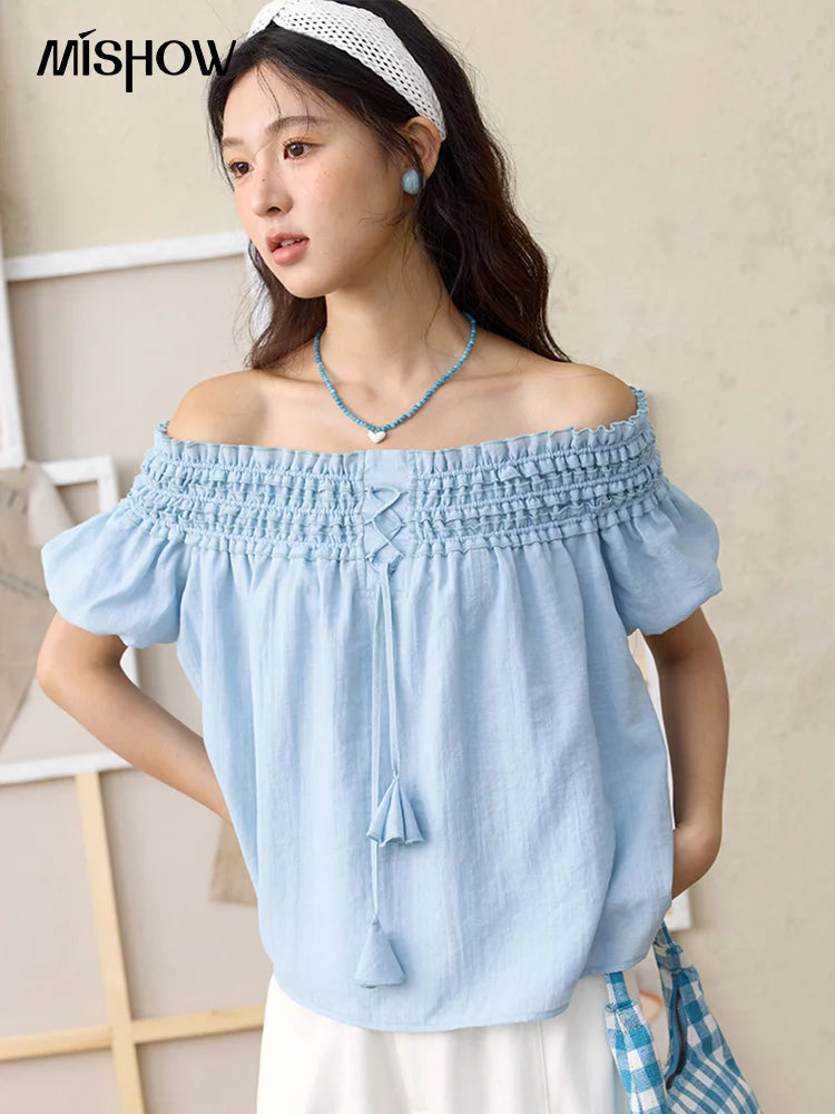 MISHOW Mist Blue One Shoulder Blouse Summer 2025 Elastic Pleated Flower Bud Sleeves Doll Blouses Cotton Blend Top MXE34X1796