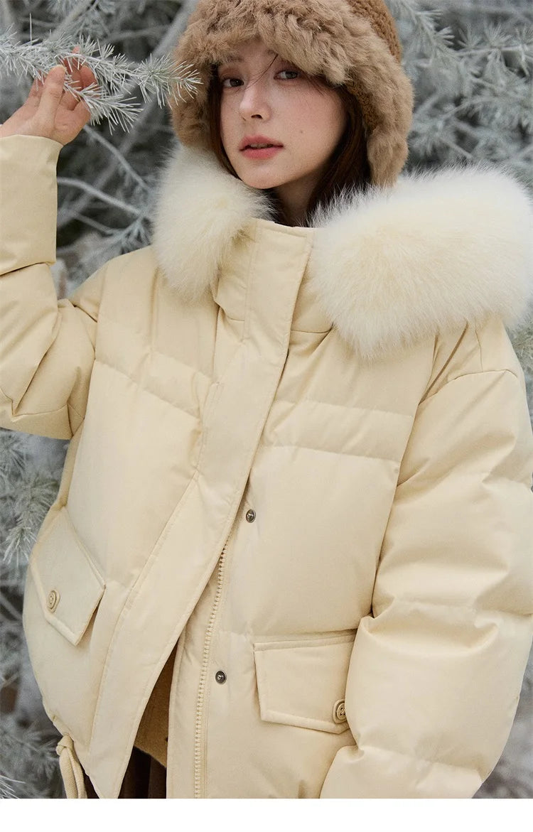 MISHOW Short Lightweight Puffer for Women 2025 Fashion Loose Long-sleeved Down Jacket Detachable Fur Collar Warm Coat MXE87Y0084