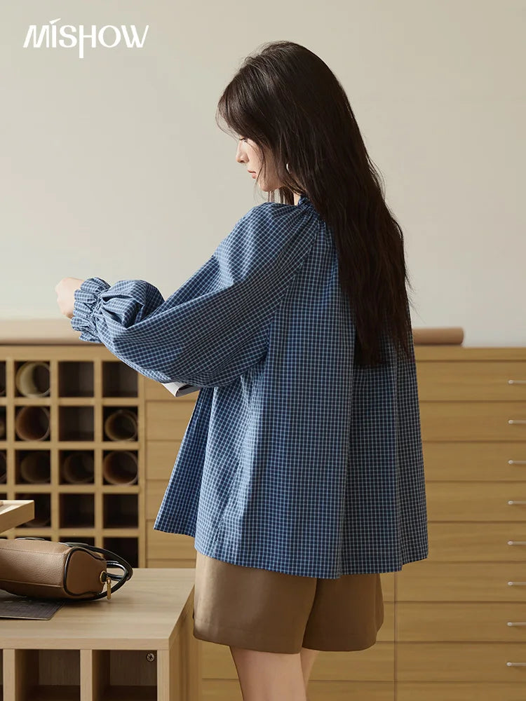 MISHOW Blue Plaid Embroidered Shirt Autumn 2025 Black Fungus Edge Collar Lace-up Doll Shirt 100cotton Loose Retro Top MXE44X2467