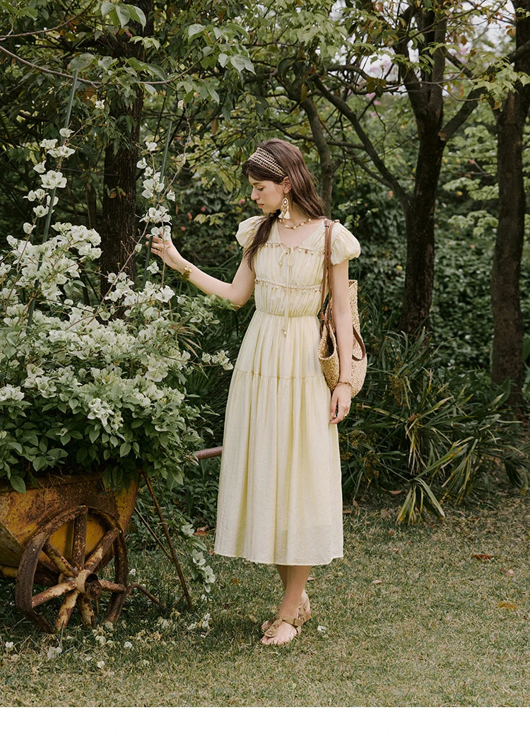 MISHOW Holiday Summer Dresses Women 2025 Solid V-neck Short Puff Sleeve Shell Ribbon High Waist Dress Woman Fashion MXE33L2193