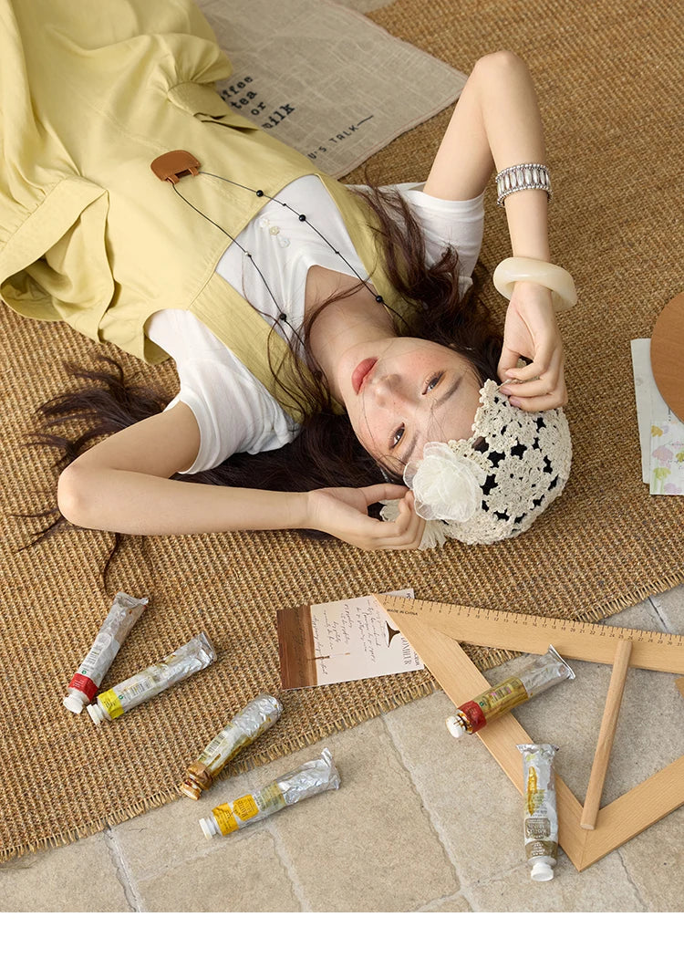 MISHOW Women's Cargo Large Pocket Strap Dress 2025 Summer Lemon-yellow Sleeveless Dress Retro Square Neck Loose Dress MXE35L2302