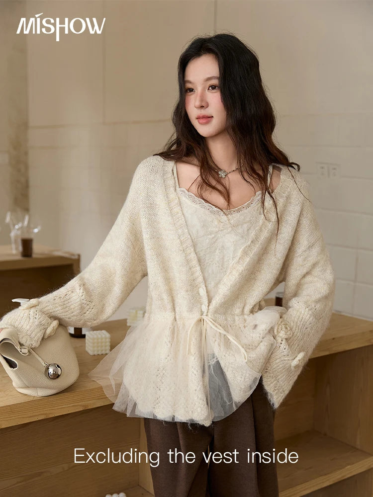 MISHOW Apricot Mesh Stitching Knit Cardigan for Woman Fashion Drawstring Waist Three-dimensional Flower Loose Sweater MXE88Z2707