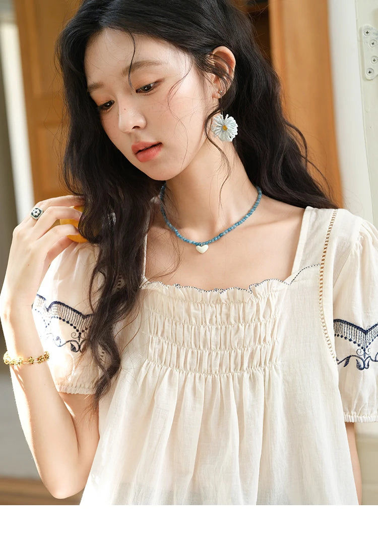 MISHOW Square Neck Puff Sleeve Women's Blouse 2025 Summer Fashion Flower Embroidery Hollow Out Blouse Female Clothing MXE39X1953