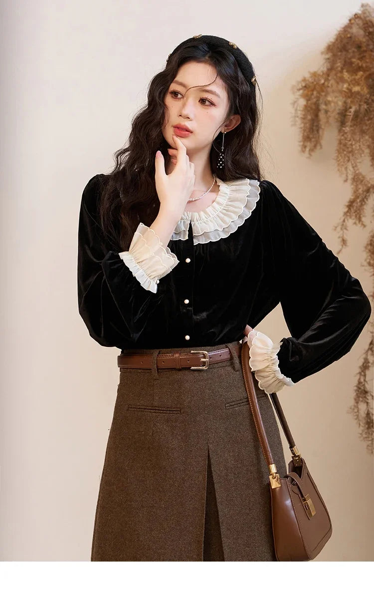MISHOW French Retro Velvet Blouses for Women 2025 Autumn Winter Button Down O Neck Korean Long Sleeve Shirt Tops MXC51X1323