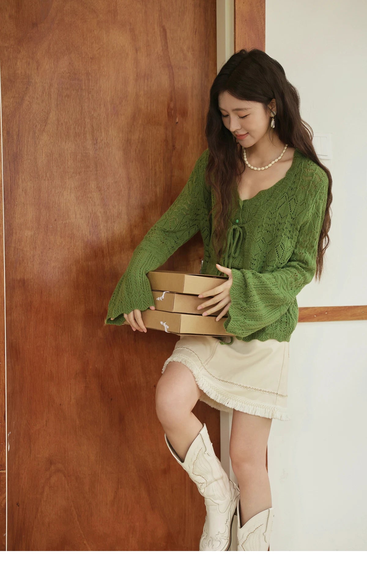 MISHOW Women's Wool Knitted Suit Autumn 2025 Flared Sleeves Lace-up Cardigan Single-breasted Camisole Two-piece Set MXE42T0717