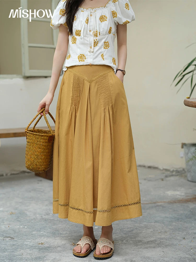 MISHOW Fashion High Waist Skirts for Woman 2025 Summer New Ladies Casual Pocket Bottom Spliced Hollow Out Lace Skirts MXE35B0724