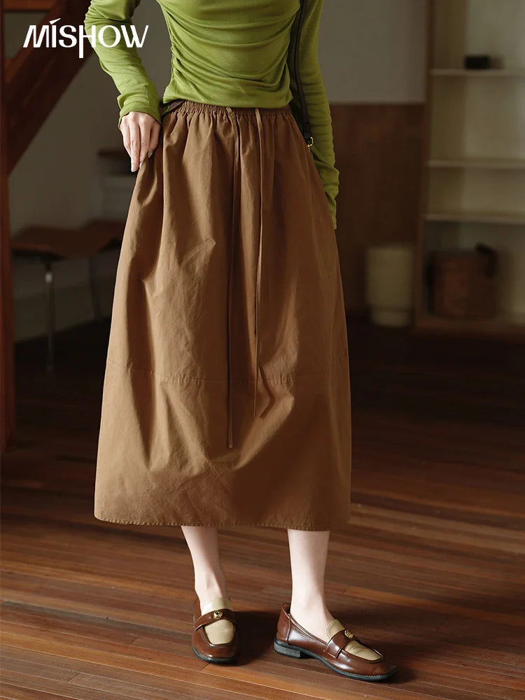 MISHOW Autumn Brown Cotton Bud Skirt 2025 Autumn Elastic Drawstring High Waist Slim A-line Casual Skirt with Pocket MXE41B2367