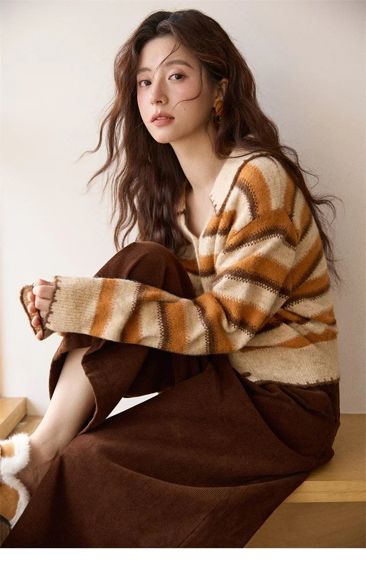 MISHOW Striped Cardigan for Women 2025 Winter Retro Unique Design V-neck Single-breasted Sweater Wool Long Sleeve Top MXE87Z2681