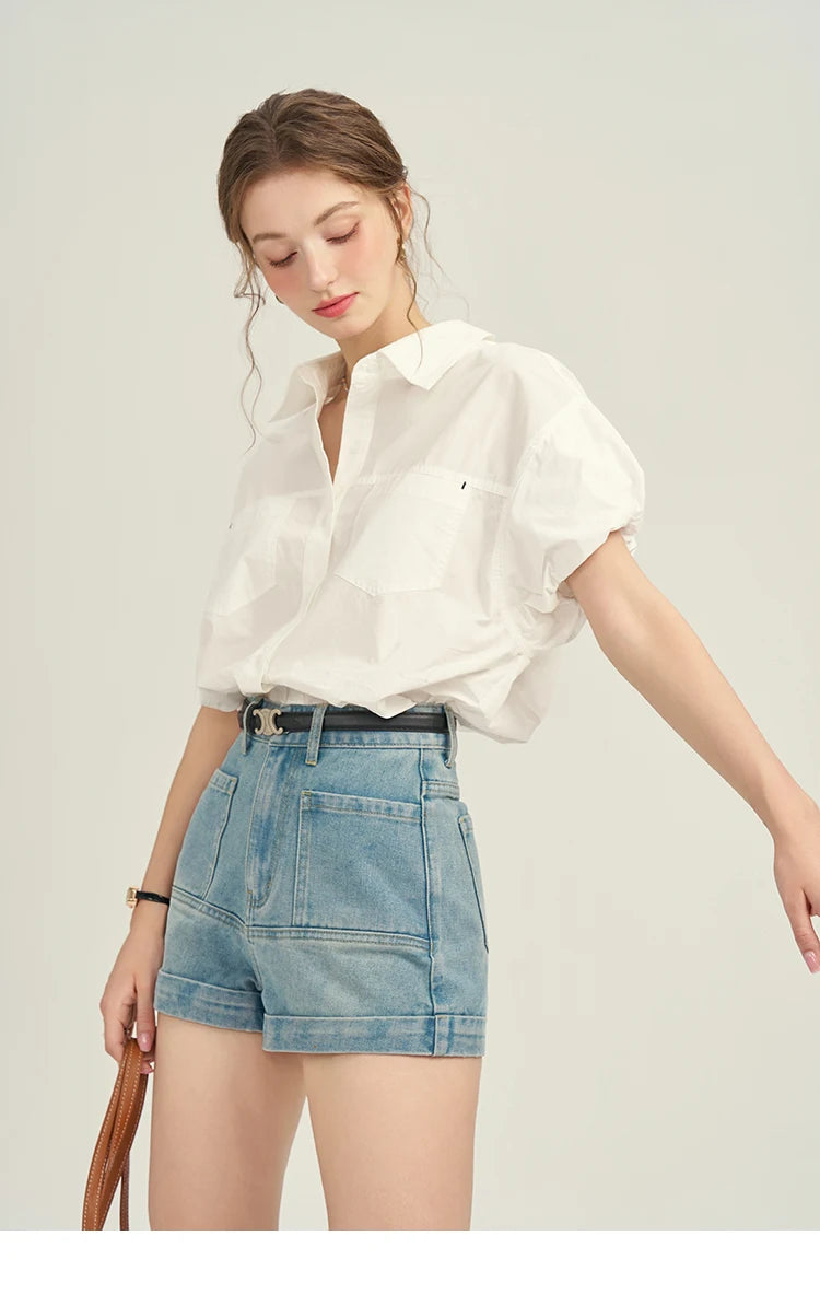 MISHOW Women's Denim Blue Shorts 2025 Summer Korean High Waist Pockets Shorts Female Straight Slim Casual Short Pants MPD26K0618