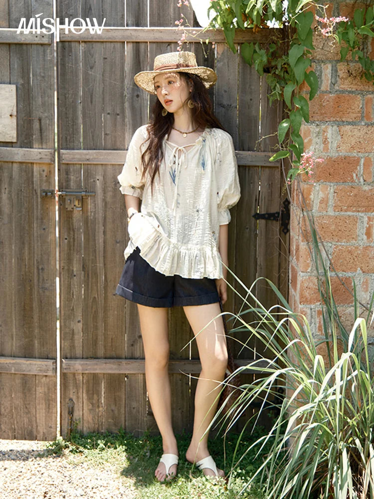 MISHOW Women's V-neck Lace Up Blouse 2025 Summer New Fashion Embroidery Mushroom Edge Commute Top Women's Blouse MXE39X1959