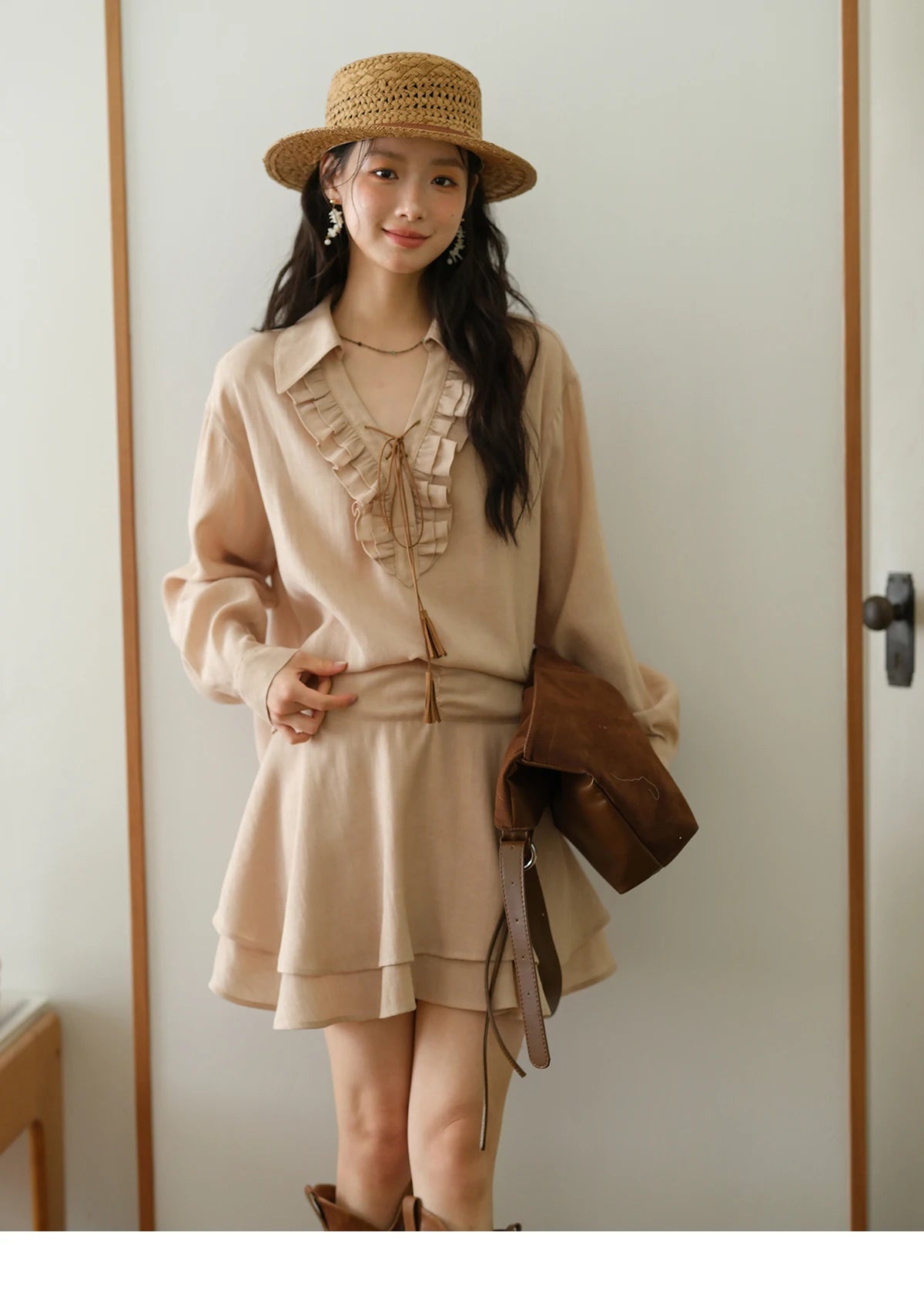 MISHOW Women's Bohemian Skirt Set Autumn Lyocell Blend V Neck Ruffle Suede Tassels Tie Top Back Elastic Waist Skirt MXE43T0727