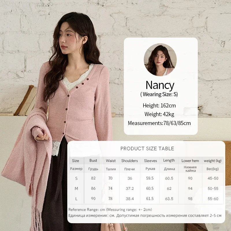 MISHOW Long Sleeve Tops for Woman 2025  Autumn Winter Sweet Gentle V-neck Top with Lace Trim Commute Slim Knit Top  MXE86Z2673