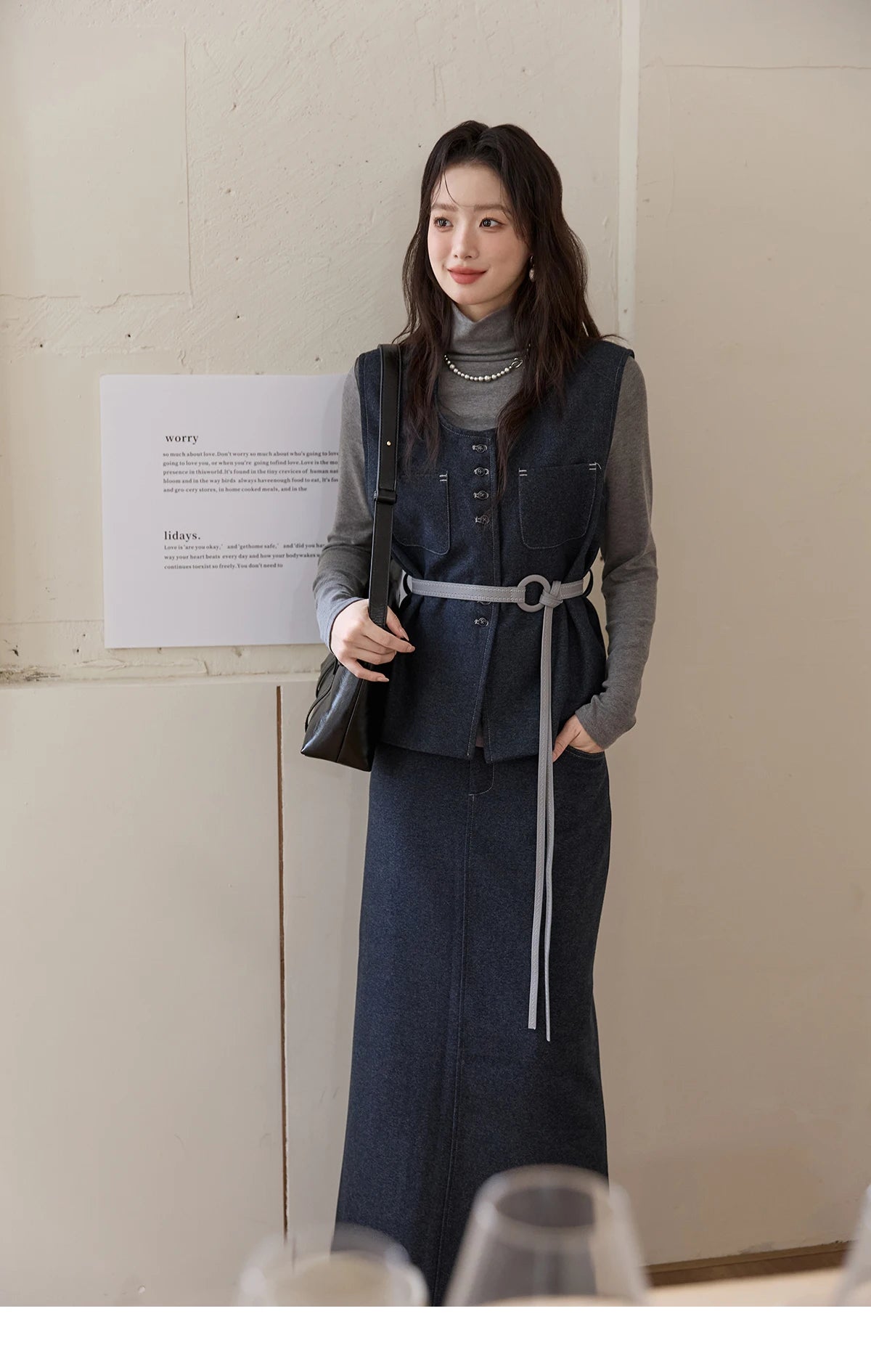 MISHOW Blue Three-piece Suit for Women 2025 Autumn Sleeveless Vest Straight Midi Skirt Slim Knit Tops Skirt Set  MXE49T1421