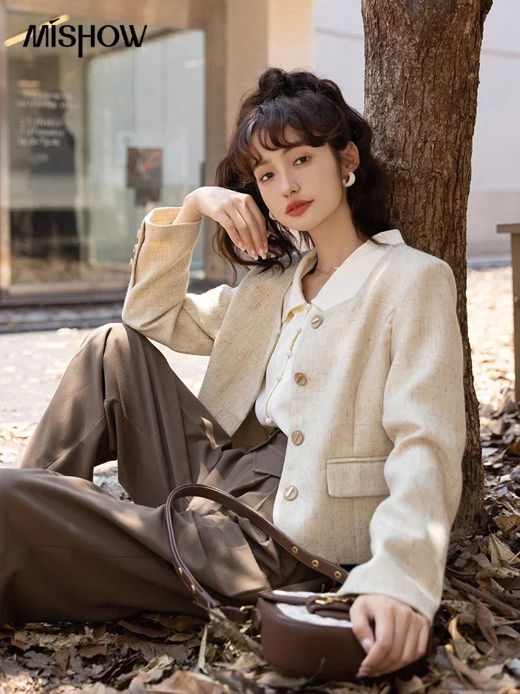 MISHOW Elegant Women's Blouse Autumn Vintage French Lantern Sleeves Turndown Collar Shirt Office Lady Female Clothing MXB32C0508