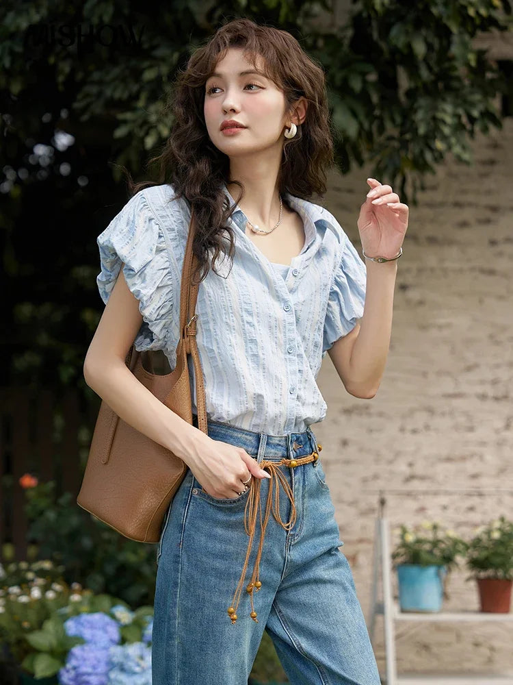 MISHOW Blue Striped Short Sleeve Shirt for Women Summer 2025 Bubble Flower Bud Sleeves Lapel Neck Shirt with Tube Top MXD24C0204
