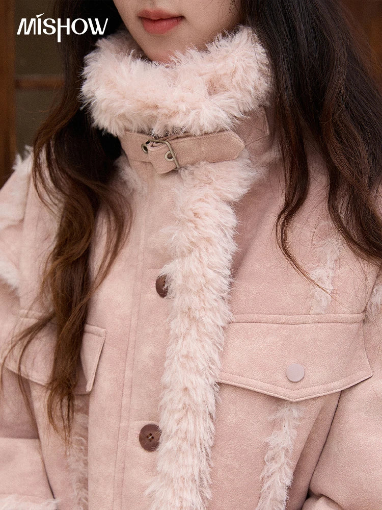 MISHOW Women's Pink Jacket 2025 Winter French Style Stand Collar Plush Patchwork Coat Windproof Warm Coat Woman MXE51W0911