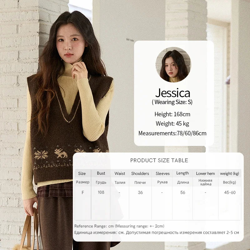MISHOW Woman Sweater Vest 2025 Winter Retro Brown Jacquard V-neck Knitted Vest Loose Commute Versatile Pullover MXE86Z2659