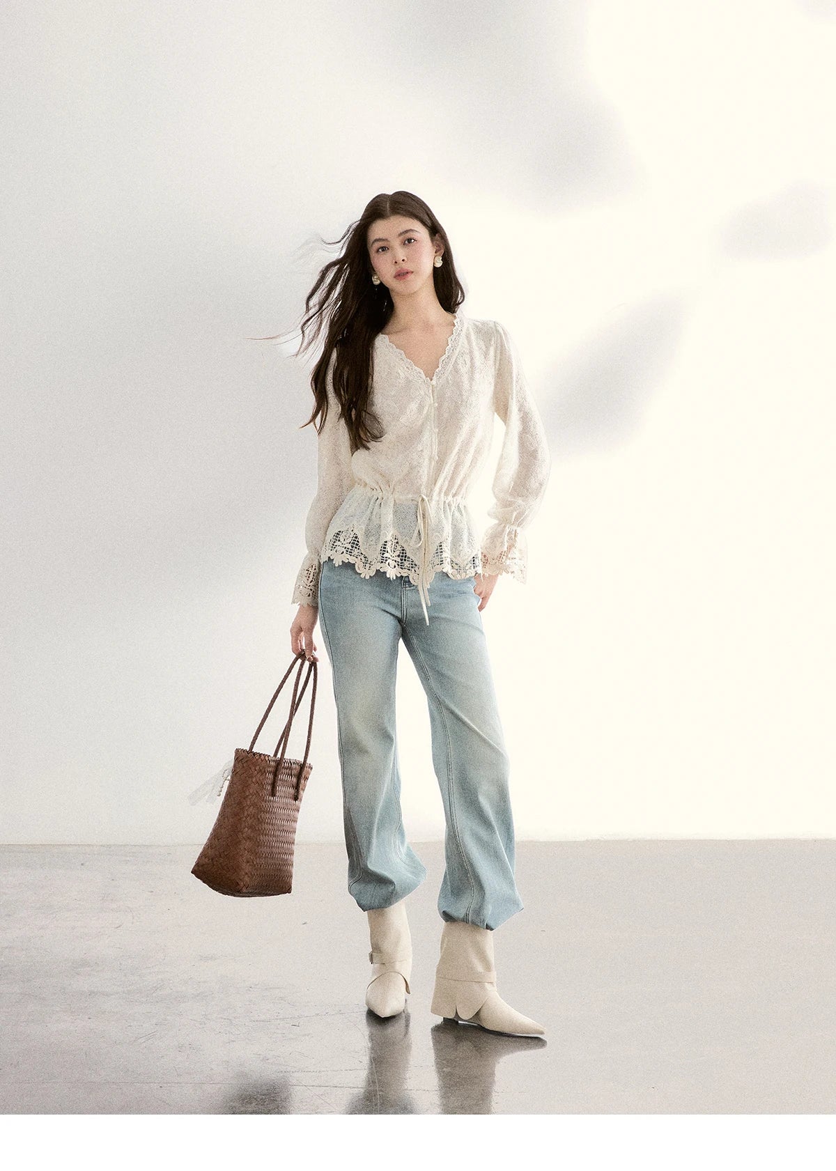 MISHOW Women's Lace V Neck Long Sleeve Shirts 2026 Spring Drawstring Waist Ruffled Hem Casual Loose Apricot Blouse MXF108X0998