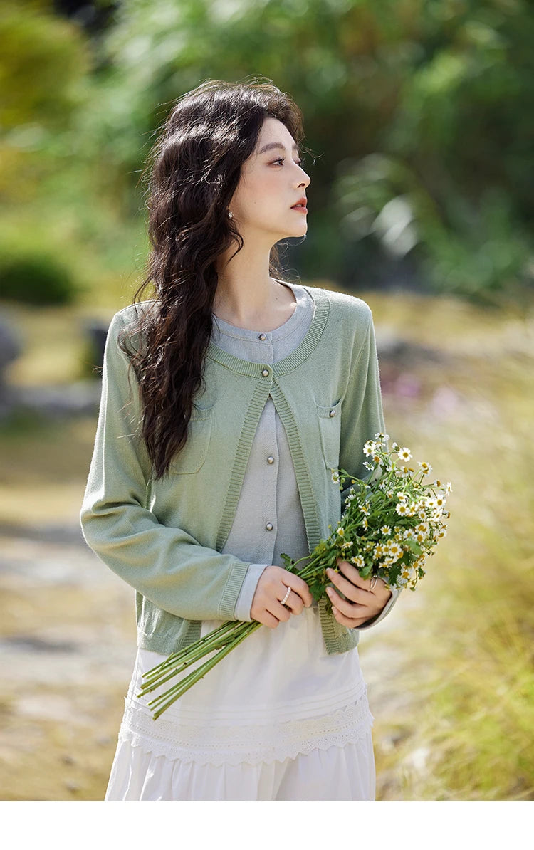 MISHOW Wool Knitted Cardigan Fake Two-piece Contrasting 2025 Spring Women Slim Fit Top O Neck Patch Pocket Sweaters MXE12Z1144