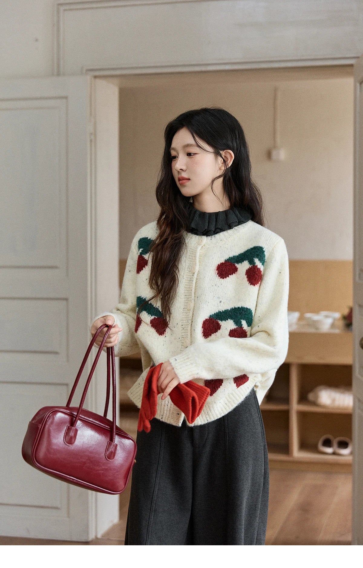 MISHOW Women's Cherry Jacquard Flecked Cardigan 2025 Autumn Winter Korean Drop Shoulder Tops Loose Crew Neck Knitwear MXE91Z2837
