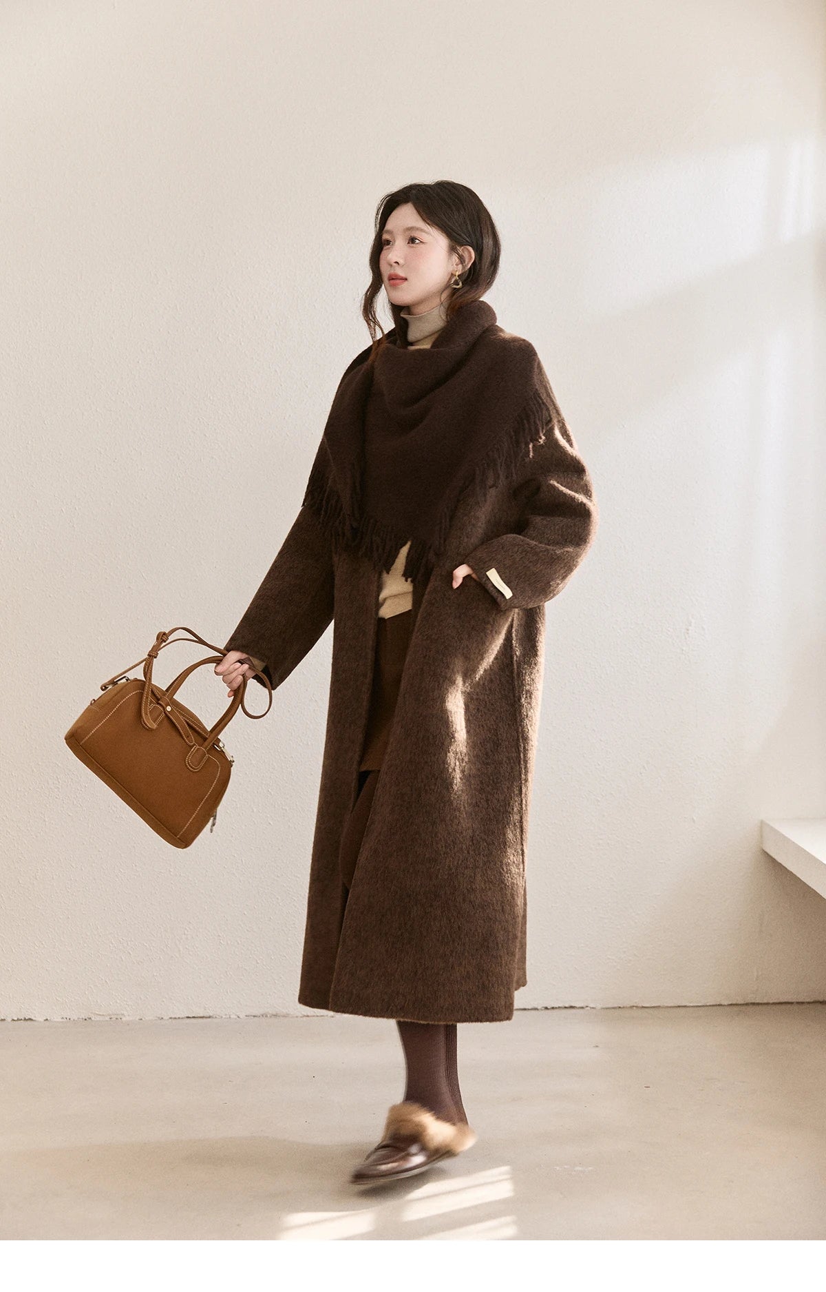 MISHOW Women's Woolen Coat with Scarf Winter Invisible Buckle Design Wool Overcoat Loose Elegant Warm Outerwear MXE93W1030