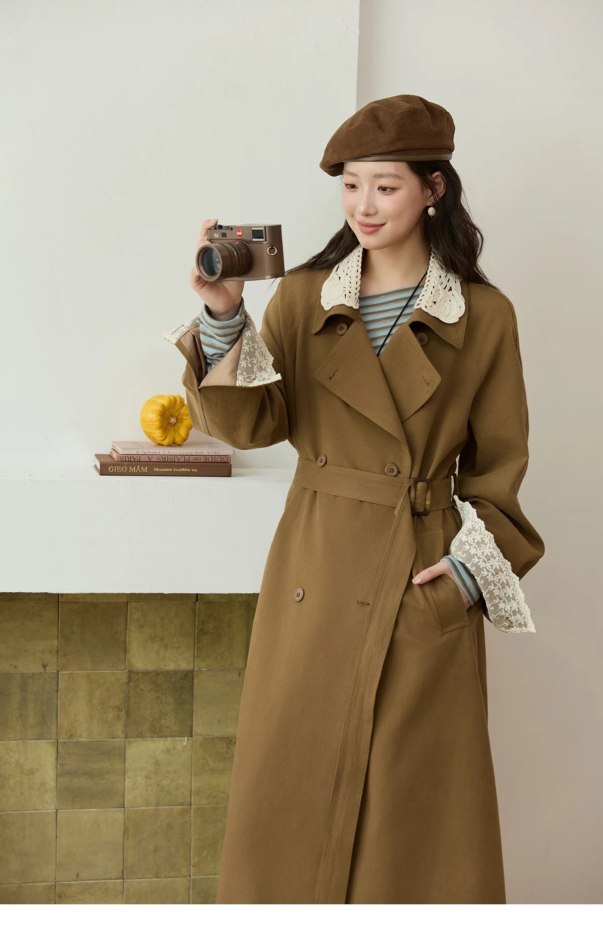 MISHOW Trench Coat Women 2025 Autumn Fashion Light Khaki Lace Long Windbreaker Jacket Long-sleeved Coat with Belt MXE45W0830