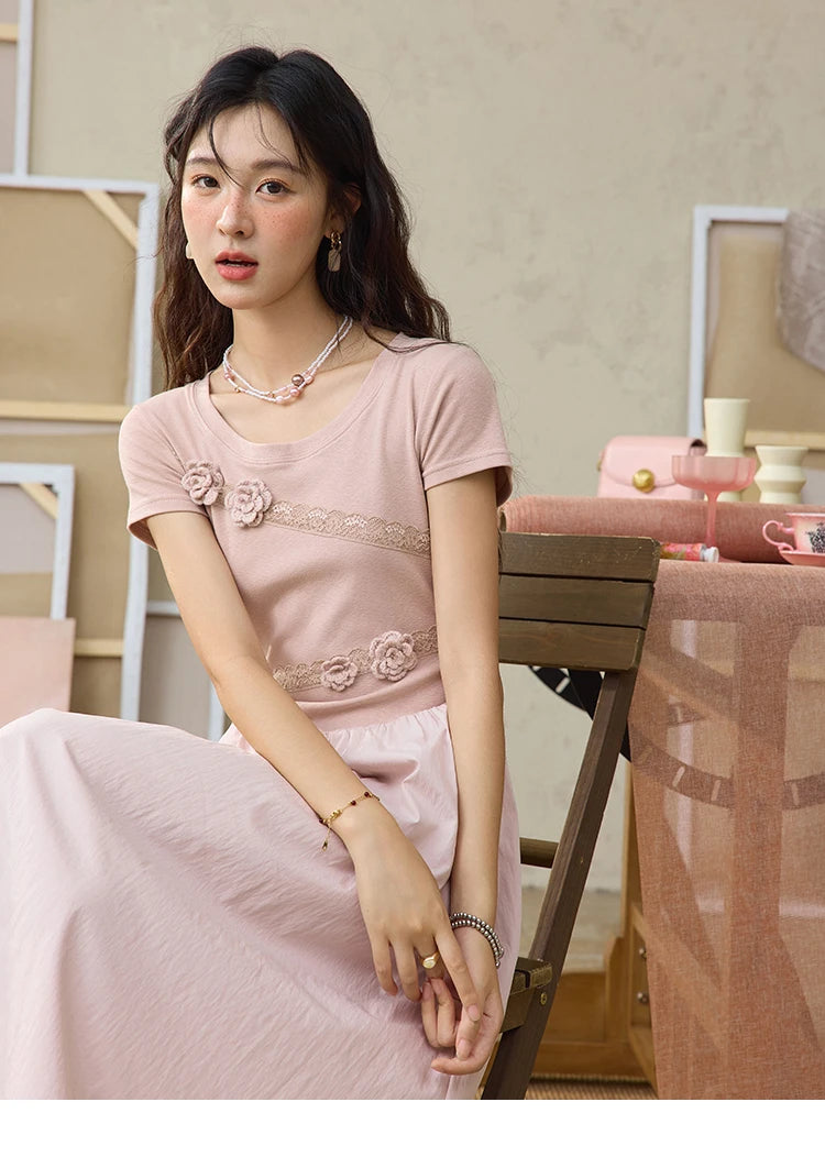 MISHOW Woven Patchwork Knitted Dress Female Summer 2025 French Waist Slim Long Dress Pink Round Neck Elegnat Dresses MXE36L2247