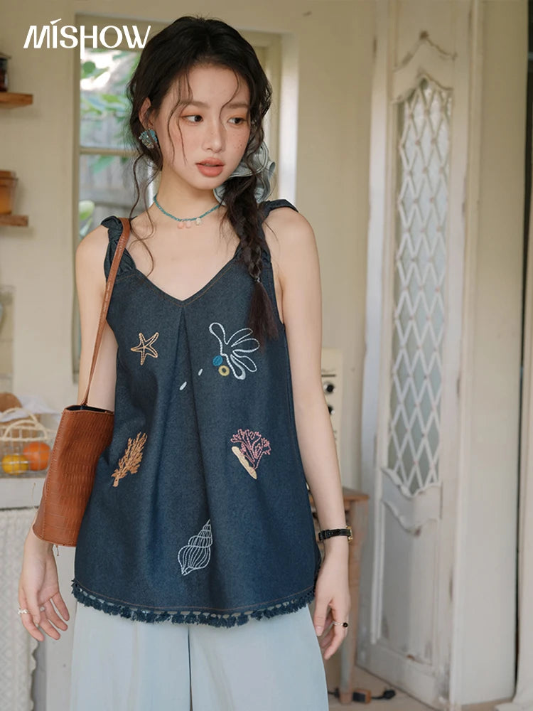 MISHOW Women's Fashion Strap Vest Summer 2025 Embroidery Lace Sleeveless Lady Camis Casual Vacation Tassel Denim Top MXE37X1860