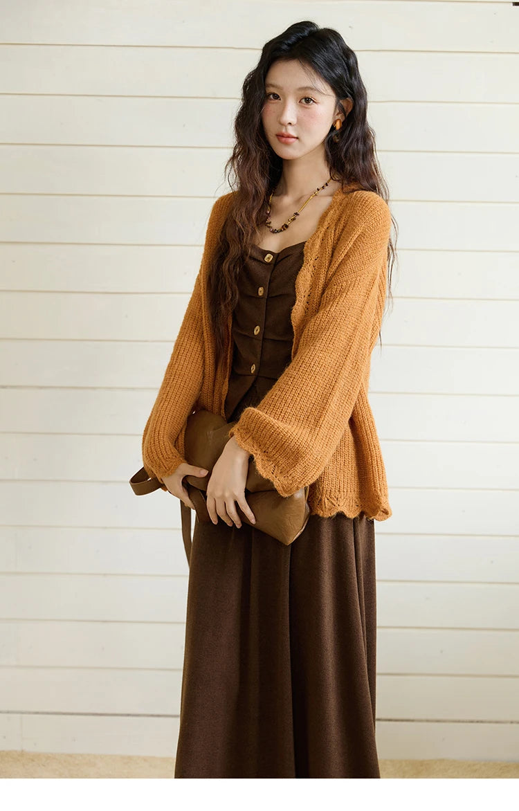 MISHOW Camisole Skirt Suit 2025 Retro Dark Brown Pleated Design Tank Top A-line Skirt  Autumn Women's Clothing Set MXE46T1378