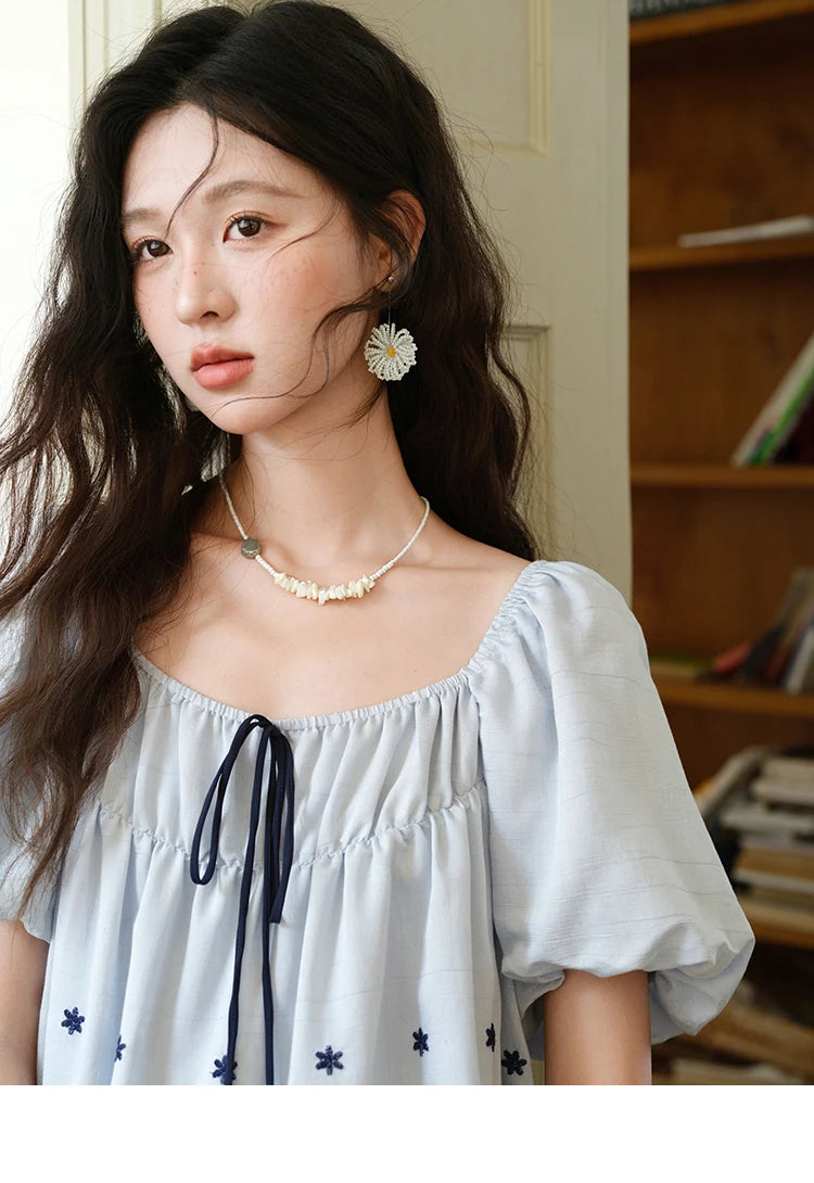 MISHOW Women's Summer Loose Print Blouse 2025 New Fashion Square Neck Lace Up Puff Sleeve Blue Blouse Female Clothing MXE36X1799