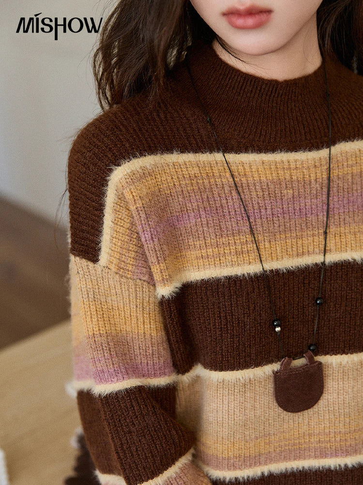 MISHOW Women's French Striped Gradient Sweater 2025 Winter Faux Mink Fleece Sweater Thick Casual Warm Knitted Top MXE94Z2891