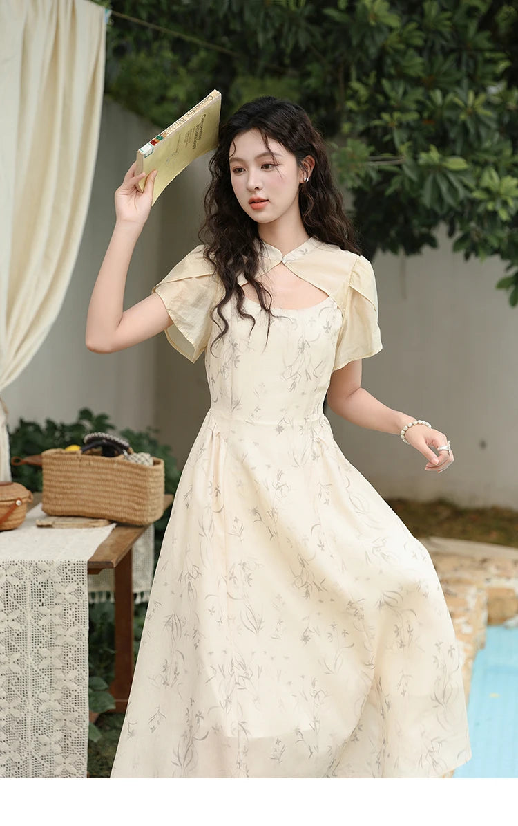 MISHOW Chinese Improved Cheongsam Floral Dress for Women 2024 Summer Hollow Out Fake Two-piece Printed Chiffon Dress MXD23L1799