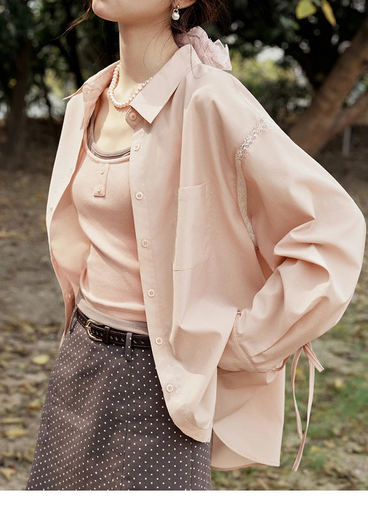 MISHOW Pink Long Sleeve Shirt for Women Spring 2025 Korean Splicing Lace Bow Tie Shirt Polo-neck Solid Versatile Tops MXE16C0767