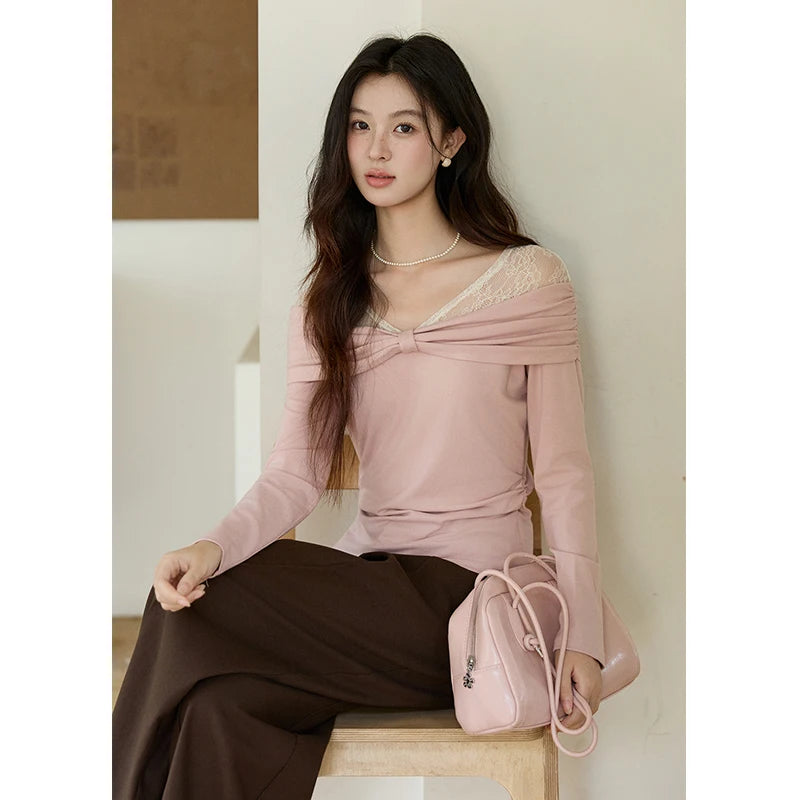 MISHOW Women's Lace Patchwork One Shoulder T-shirt 2026 Spring Twist Casual Slim Tees Sweet Pink Long Sleeve Tops MXF108Z1026