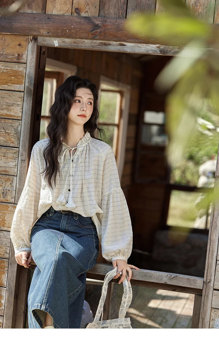 MiSHOW French Striped Blouses Women Spring New 2025 Long Sleeve Lace Collar Shirts Female Fashion Solid Chiffon Tops MXE12C0387