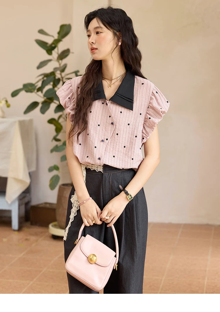 MISHOW Summer Office Lady Blouses Women 2025 Short Sleeve Turn-down Collar Polka Dot Shirts Female Fashion Slim Tops MXE31C0776
