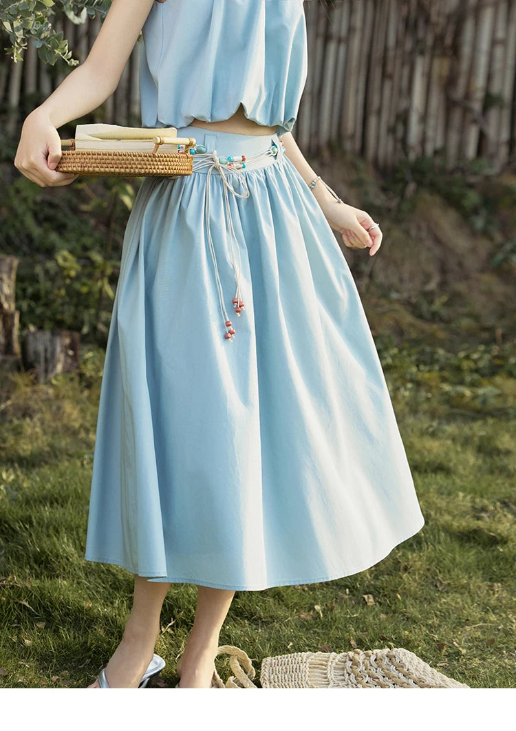 MISHOW Vacation Skirt Set Woman 2025 New Solid Halter Neck Sleeveless Short Tops Midi Loose Skirt Female with Belt MXE33T0546