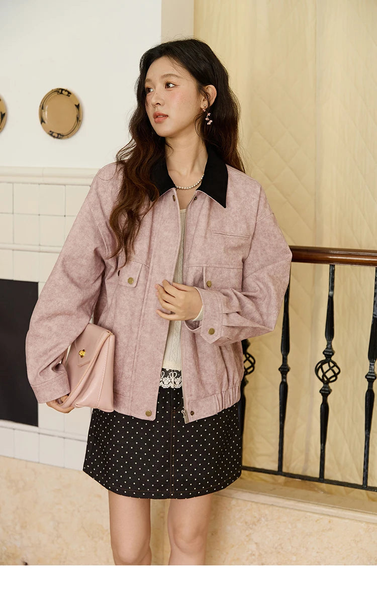 MISHOW Pink Purple Collision Black Lapel Jacket for Women Autumn Suede Metal Zipper Top Retro Loose Elastic Hem Coats MXE46W0865