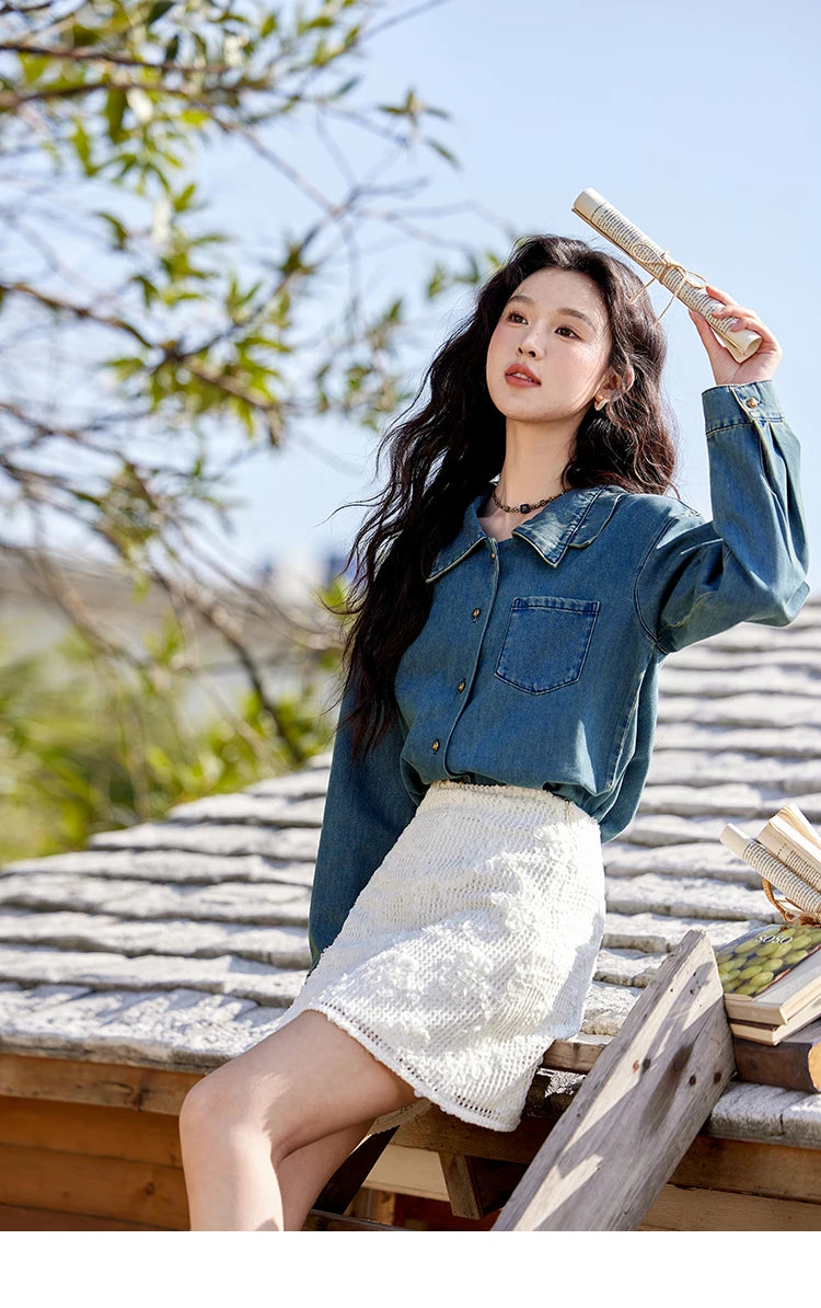 MISHOW Retro Washed Denim Shirt Spring 2025 Double Layered Patchwork Collar Shirt Metal Buckle Single Breasted Tops MXE12C0751